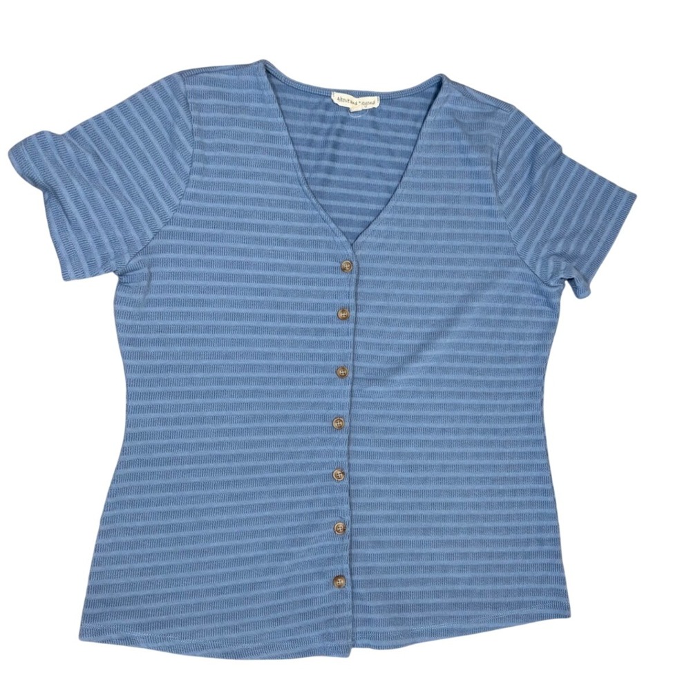 Above and Beyond Blue Textured‎ Stripe Button Front V-Neck Short Sleeve Top XL